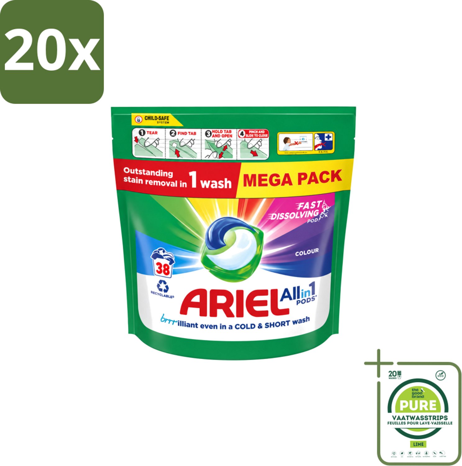 20 x Ariel – Pods All-in-1 – Color – 38 wasbeurten - Grootverpakking - Vaatwasstrips - Kleurbehoud Wasmiddel - Gekleurde Was - Ariel Pods Color - Wasmiddel Voor Gekleurde Kleding - Kleurvervaging Voorkomen