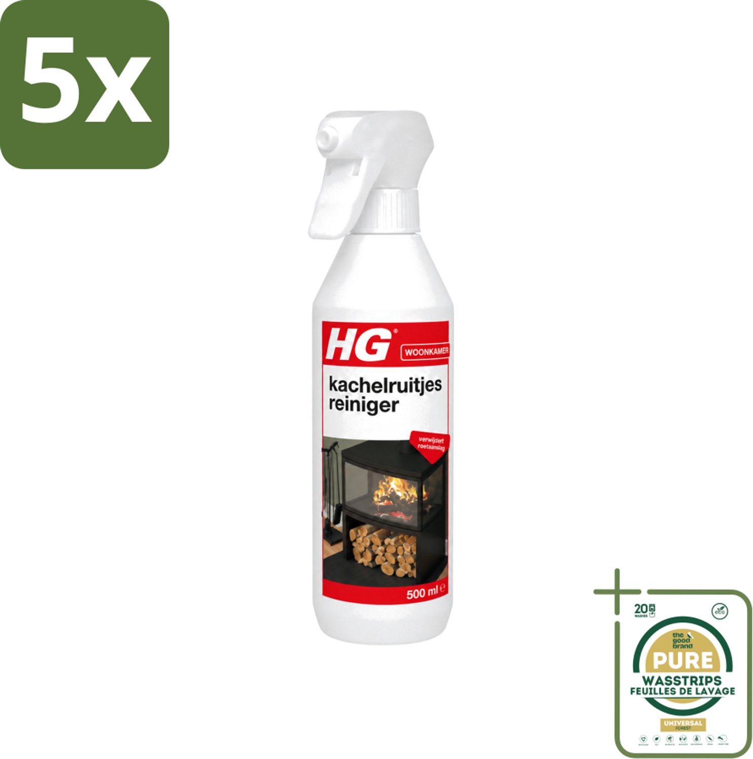 5 x HG - Kachelruitjesreiniger - Verwijdert Roetaanslag - 500 ml - Wasstrips - Kachelruiten Reinigen - Roet Verwijderen - Haardvenster Reinigen - Baksteen Reinigen - Kachel Reinigen