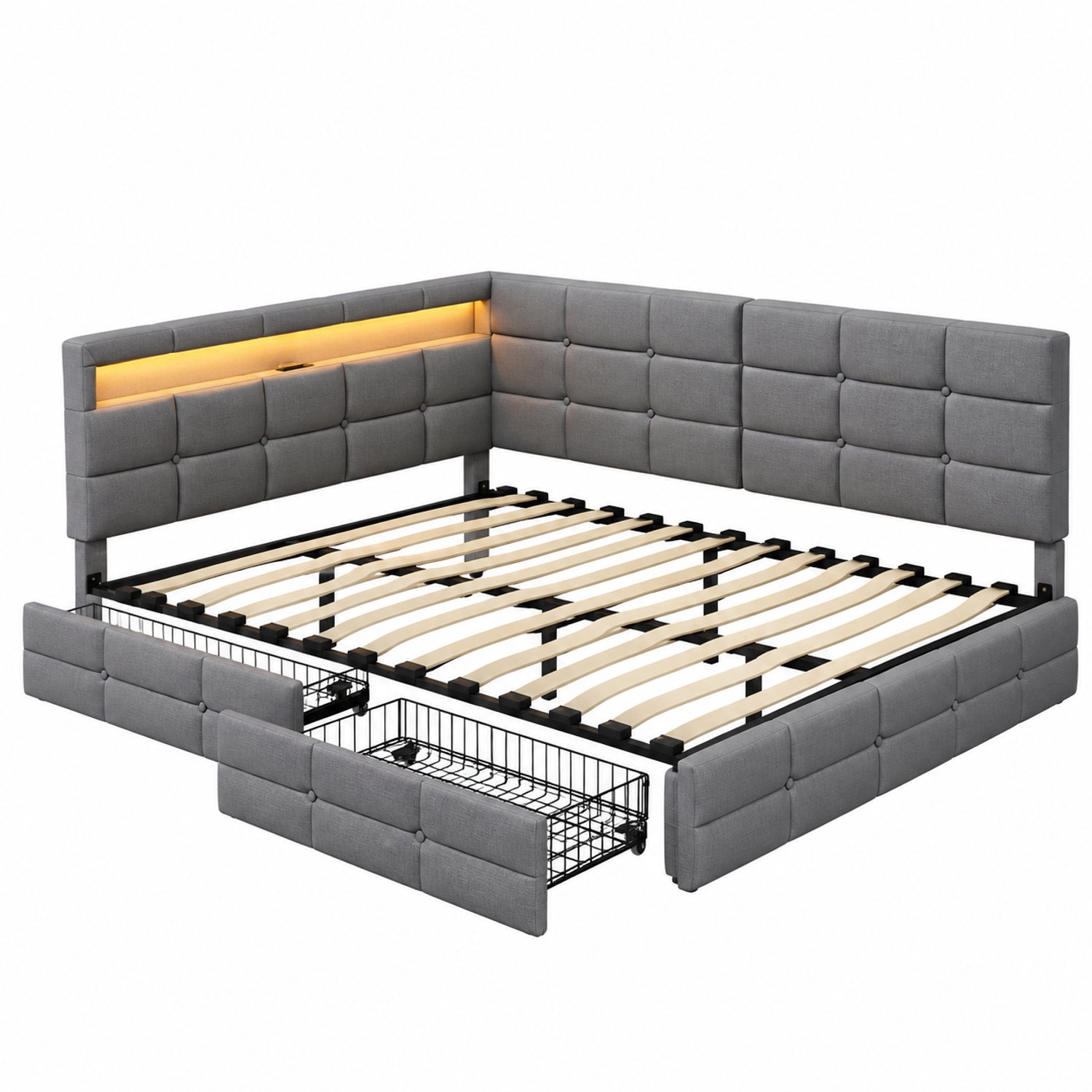 Prime Home Bedframe - Lattenbodem - Bed met opbergruimte - L-vormig - Met USB-oplaadpoort LED - Lade-opbergruimte - Linnenstof - 90 x 200cm - Grijs