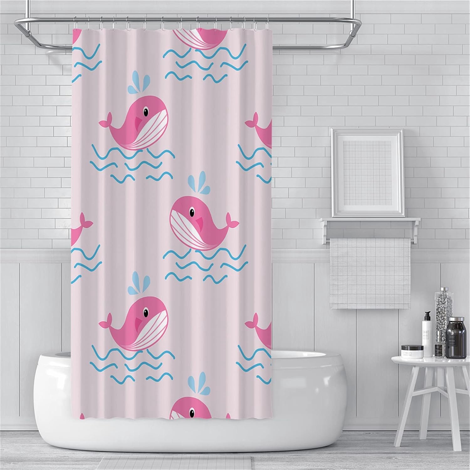 Douchegordijnen, schimmelbestendig, waterdicht, wasbare badgordijnen, gewogen badgordijnen met haken, 3D tuin buitendouche gordijn cartoon roze walvis