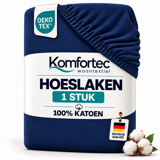 Donkerblauw Komfortec hoeslaken van 100% katoen met elastische rand, OEKO-TEX gecertificeerd.