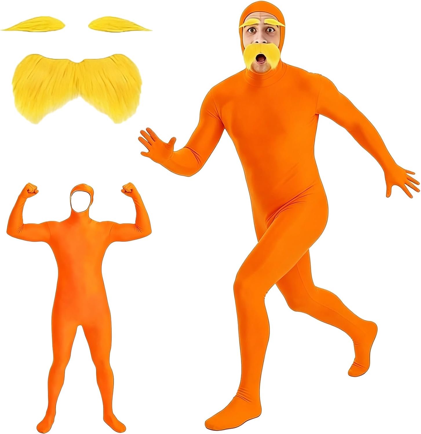 Lorax-kostuum voor heren en dames, oranje kostuum voor volwassenen, met baard en wenkbrauwen, voor carnaval, cosplay en feest