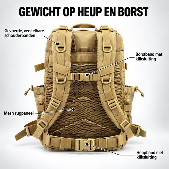 Achterzijde van kakikleurige rugzak met gevoerde schouderbanden, mesh rugpaneel, borst- en heupband met kliksluiting.