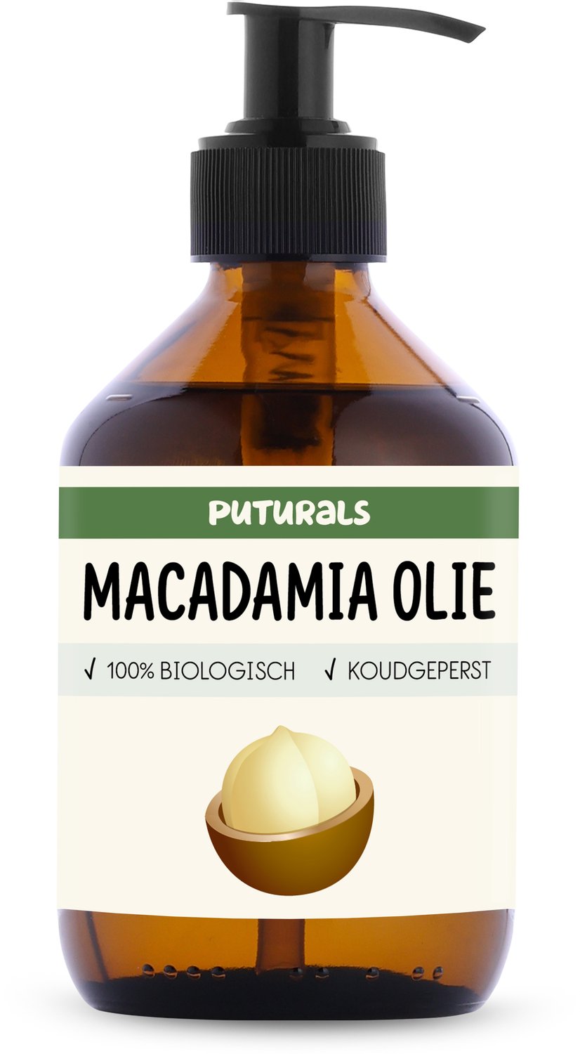 Puturals Macadamia Olie 100% Biologisch - 300ml - Puur en Koudgeperst- Macadamia Olie voor Huid, Haar en Lichaam - Rijk aan Omega 7 en 9- Macadamia Oil als Huidolie en Haarolie - Bruine Glazen Fles + Pomp