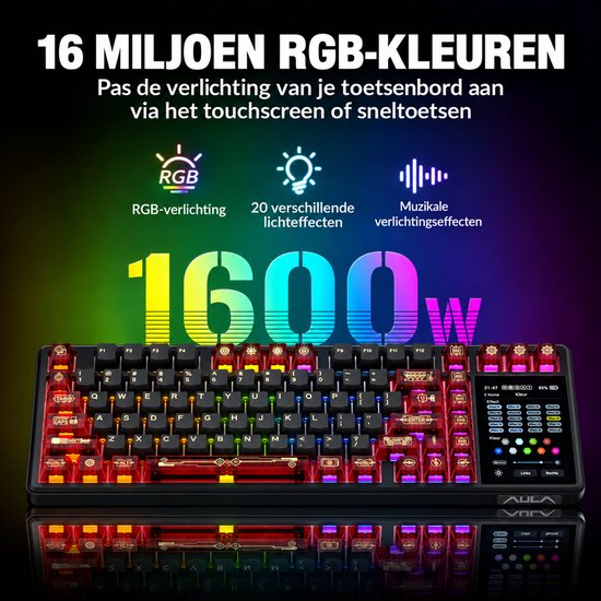 AULA L99 toetsenbord met regenboog-RGB-verlichting en touchscreen voor lichteffecten.