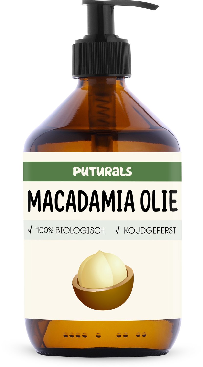 Puturals Macadamia Olie 100% Biologisch - 500ml - Puur en Koudgeperst- Macadamia Olie voor Huid, Haar en Lichaam - Rijk aan Omega 7 en 9- Macadamia Oil als Huidolie en Haarolie - Bruine Glazen Fles + Pomp
