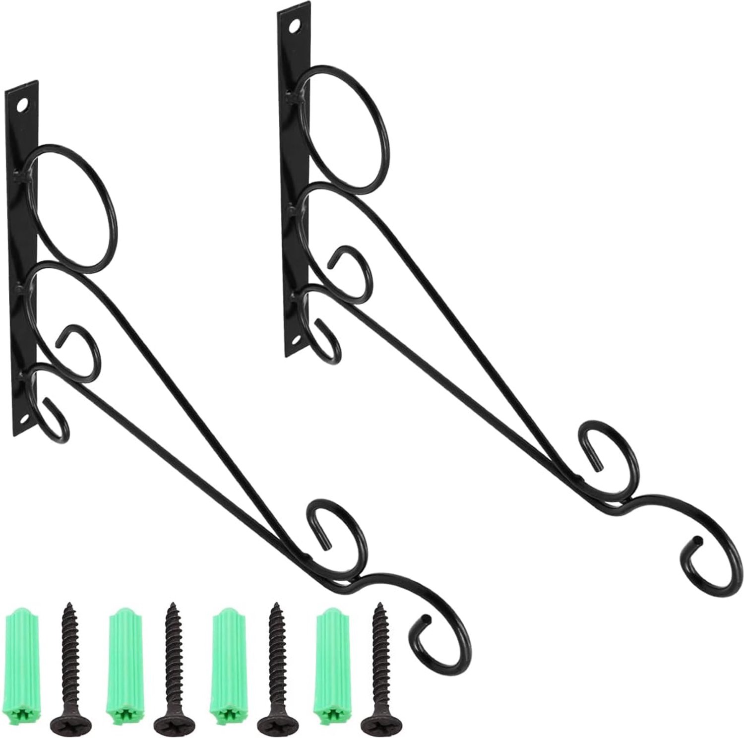 Wandhouders van metaal, 25 cm, gebogen lijnen, voor planten, bloemenmanden, verlichting, vogelkooien, lantaarns, windgongen, tuin, balkon, binnen of buiten, zwart, 2 stuks