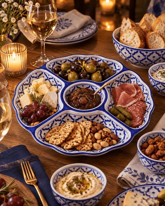 Blauw-witte tapasschaal gevuld met olijven, vleeswaren, kazen, crackers en dip op een houten tafel.