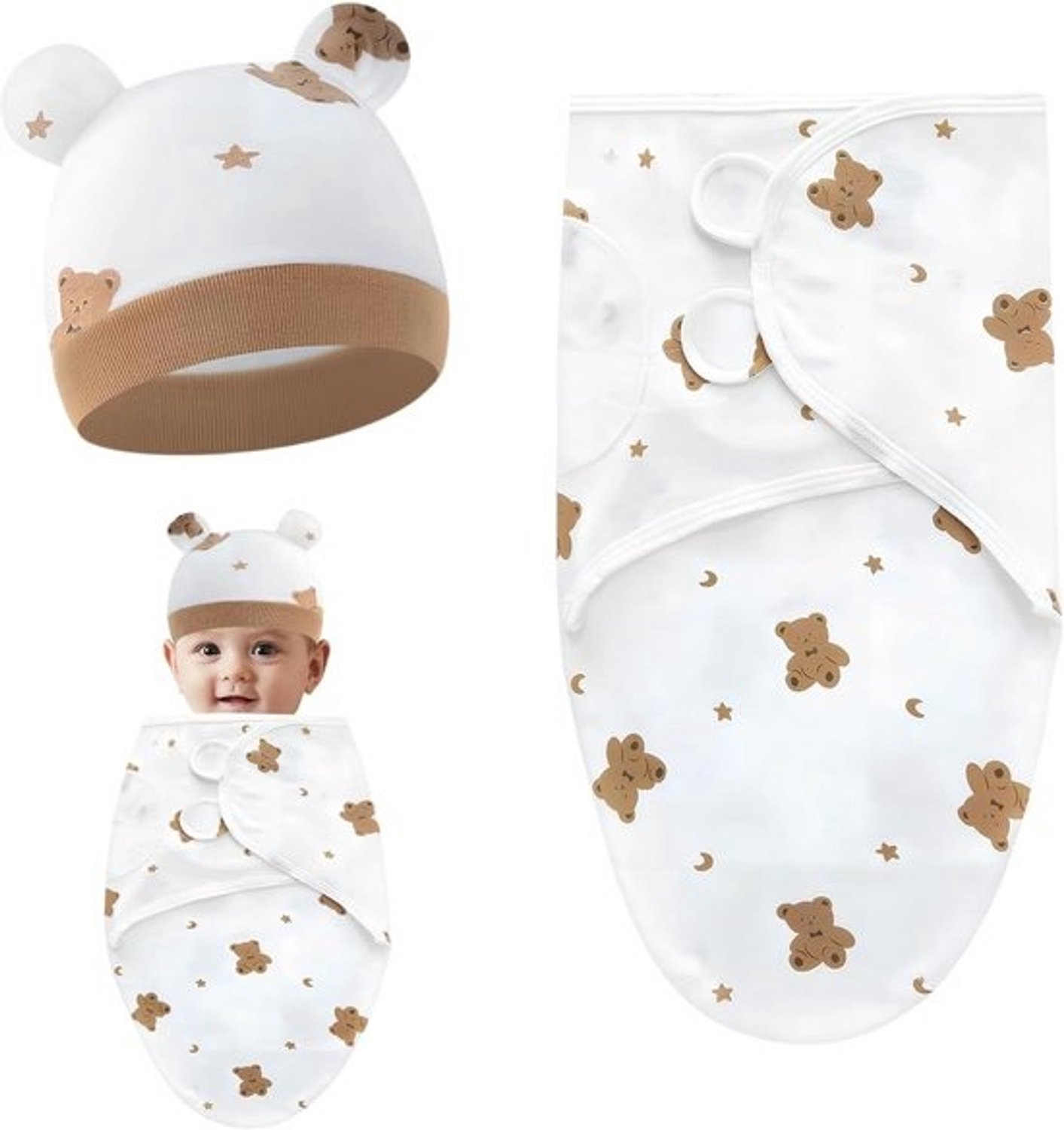 Wikkeldeken voor baby - Inbakerdoek en slaapzak - Babycomfort - Verstelbaar ontwerp - 73 x 50 cm - Bruine beer