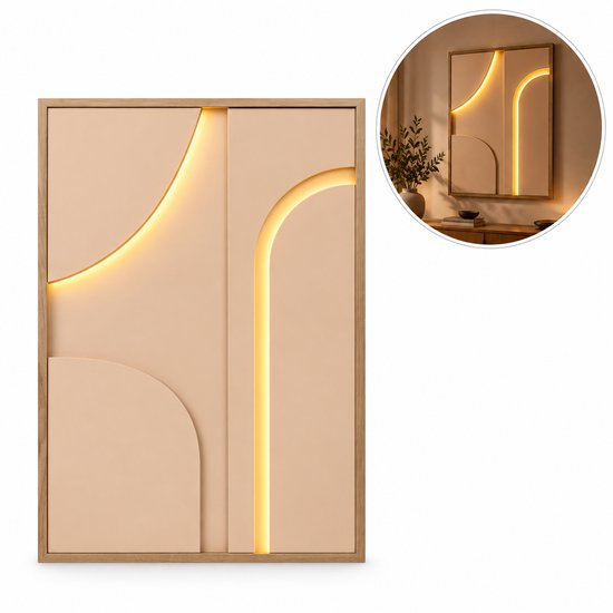 Lichtgevend beige wandpaneel met abstracte boogvormen en houten lijst, getoond in een sfeeropname.