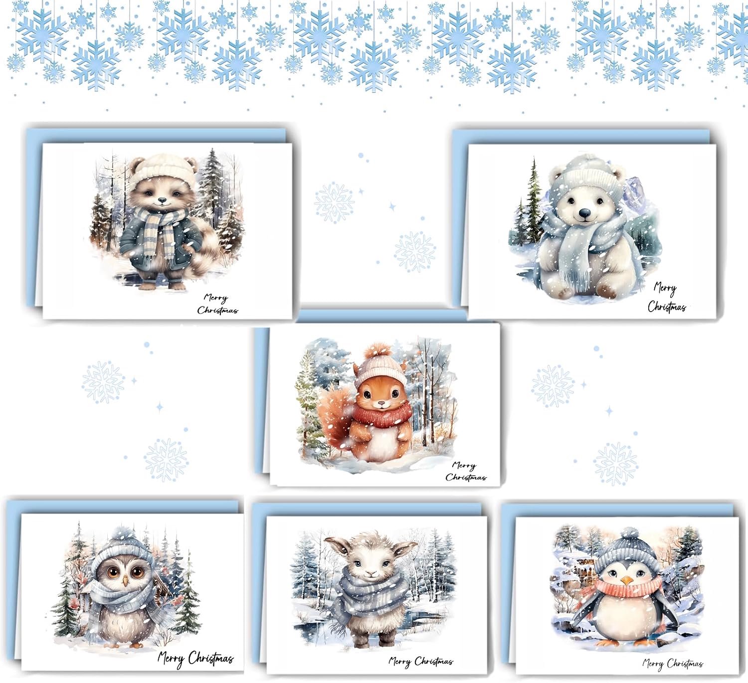 12 Kerstkaarten Vouwkaarten met enveloppen, A6 postkaarten set, Aquarel bosdieren serie, met kerstgroeten, kerstkaart voor familie vrienden (Engels)