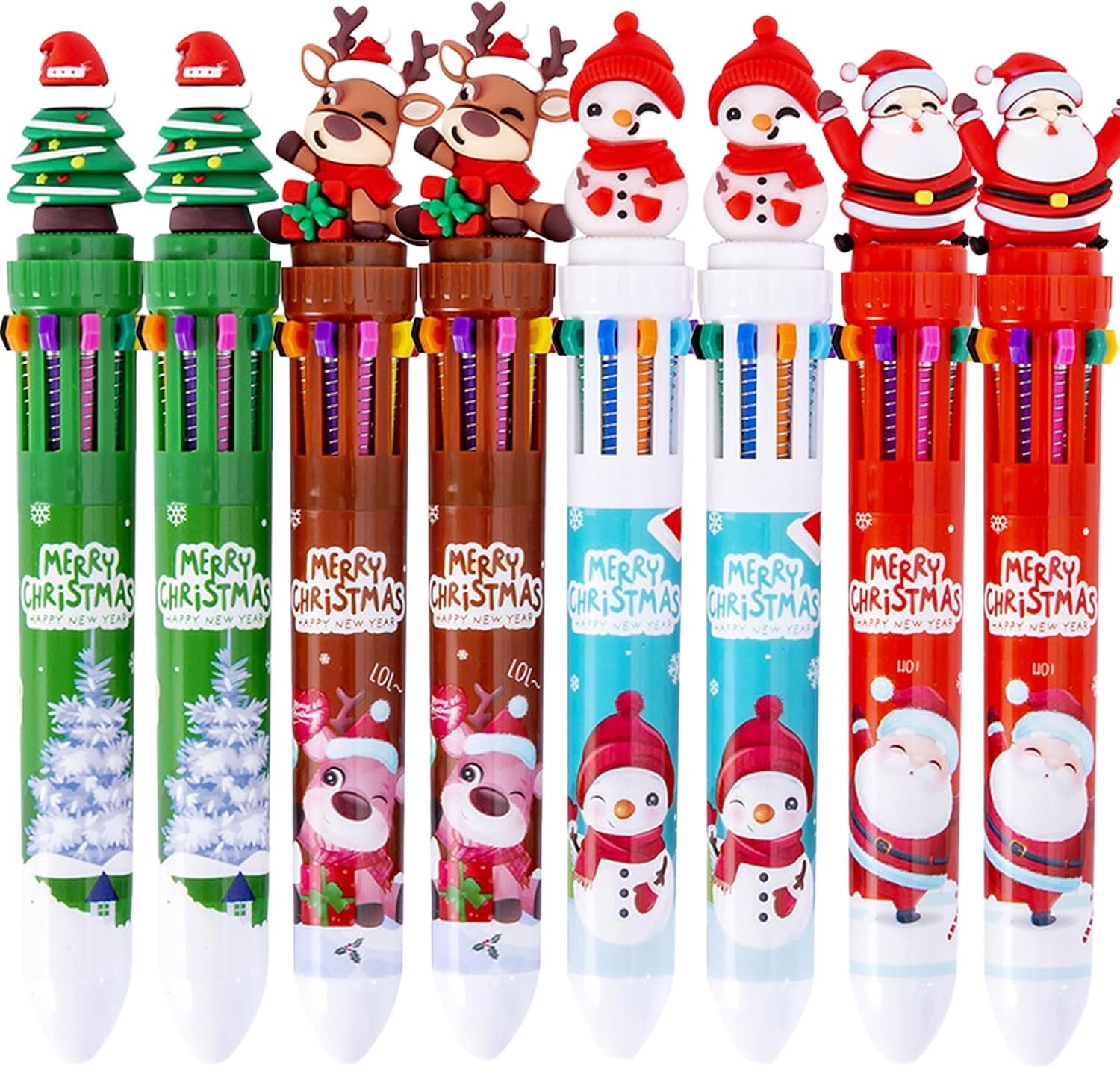 8 stuks kerstbalpennen, 10-in-1 kerstbalpen, meerkleurig, intrekbaar, balpen voor de kerstboom, schattige balpen voor kerstcadeau voor studenten en kinderen