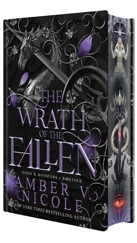 Boekomslag van The Wrath of the Fallen met een draak, zwaard en paarse bloemblaadjes op een zwarte, versierde achtergrond.