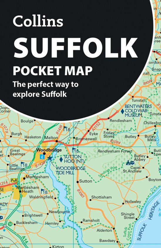 Pocketkaart van Suffolk met wegen, toeristische bezienswaardigheden en de tekst 'Collins SUFFOLK POCKET MAP'.
