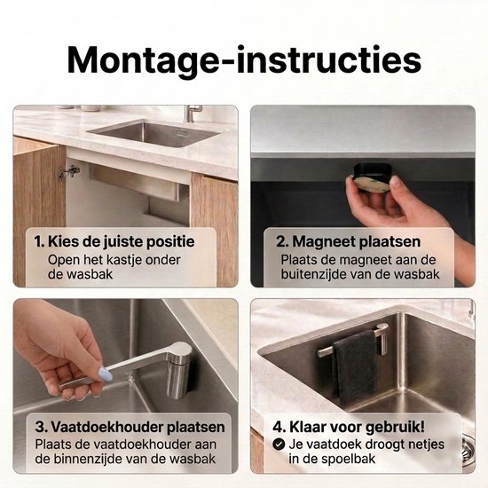 Vier stappen voor montage: positie kiezen, magneet plaatsen, houder bevestigen en klaar voor gebruik.