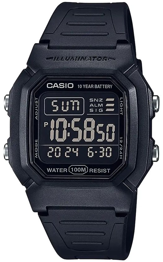 Zwart Casio digitaal horloge met rechthoekige kast, rubberen band en 10-jarige batterijtekst op de wijzerplaat.