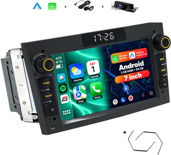 Zwarte 7-inch autoradio voor Opel met Android-interface, touchscreen, draadloze CarPlay/Android Auto en accessoires.