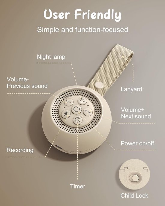 White Noise Machine – 16 Rustgevende Geluiden – Met Stemopname – Nachtlampje – Timer – Geheugenfunctie – Oplaadbaar – Voor Baby's en Volwassenen — afbeelding 2