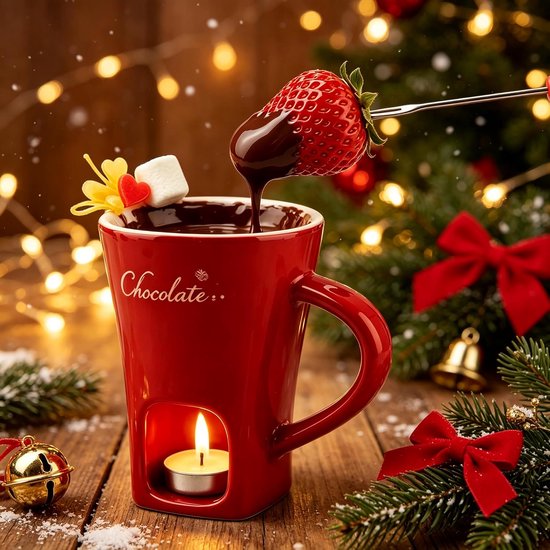 Chocolade Fondue Set - Keramische Chocolade Fondue Mok - Perfect Smelten & Warmhouden - Mini Chocoladefondue met Vorkjes - Inclusief Vork - Compact 130ml - Voor Dessert Fruit Kaas - Mini Fondue Beker Chocoladepot - Rode — cadeau in Kookcadeaus - foto 2
