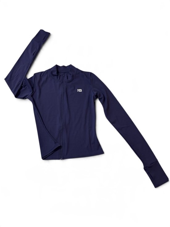 Donkerblauw aansluitend sportjack met rits en MB-logo op de borst, inclusief mouwen met duimgaten.
