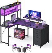 VASAGLE Hoekbureau, met led, stopcontacten, 3 laden, monitorhouder, zwart