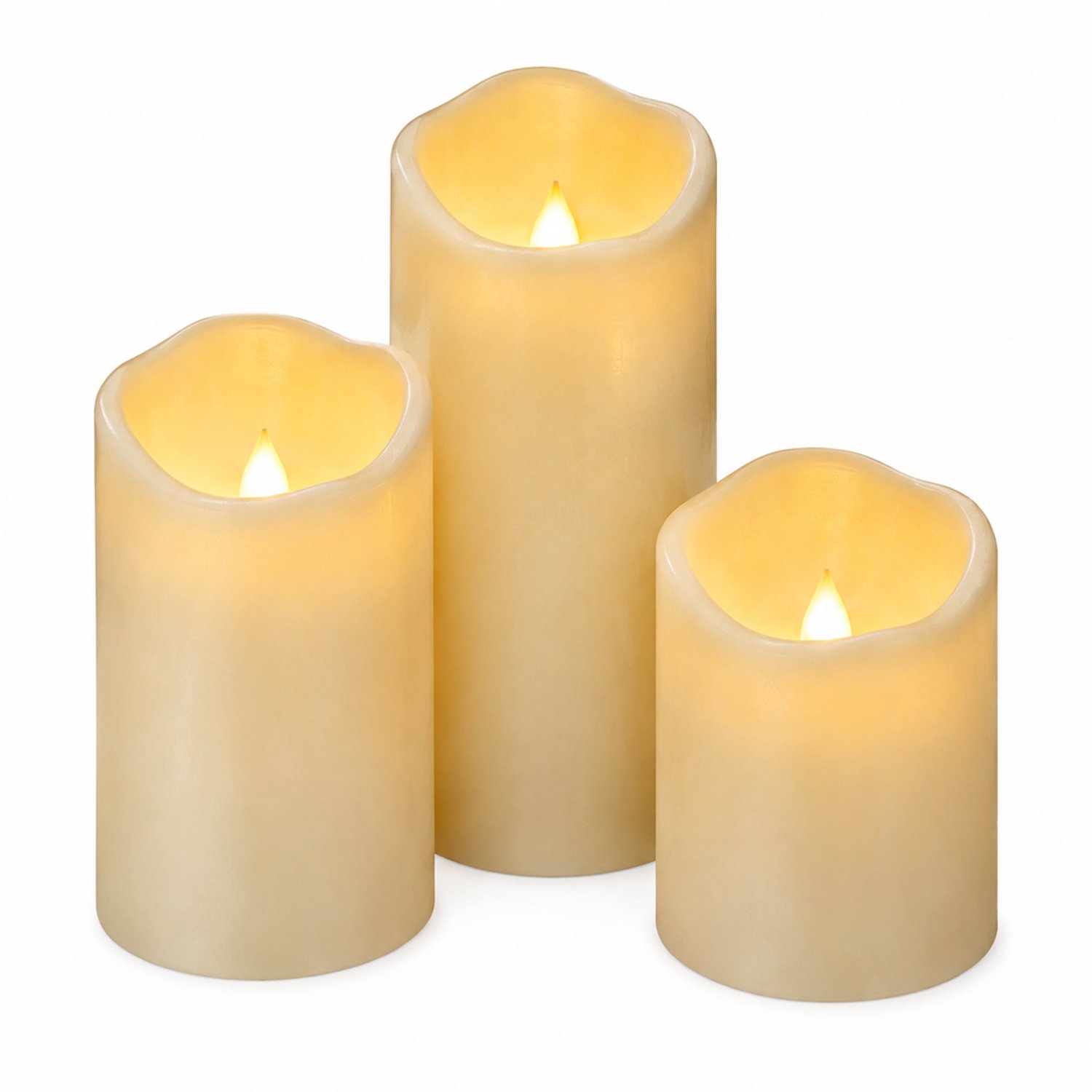 SWGOTA led kaarsen, set van 3 met afstandsbediening, kunststof met schuine bovenrand en puntige vlamvorm, diameter 7,5 cm, hoogtes 10/12,5/15 cm Crème