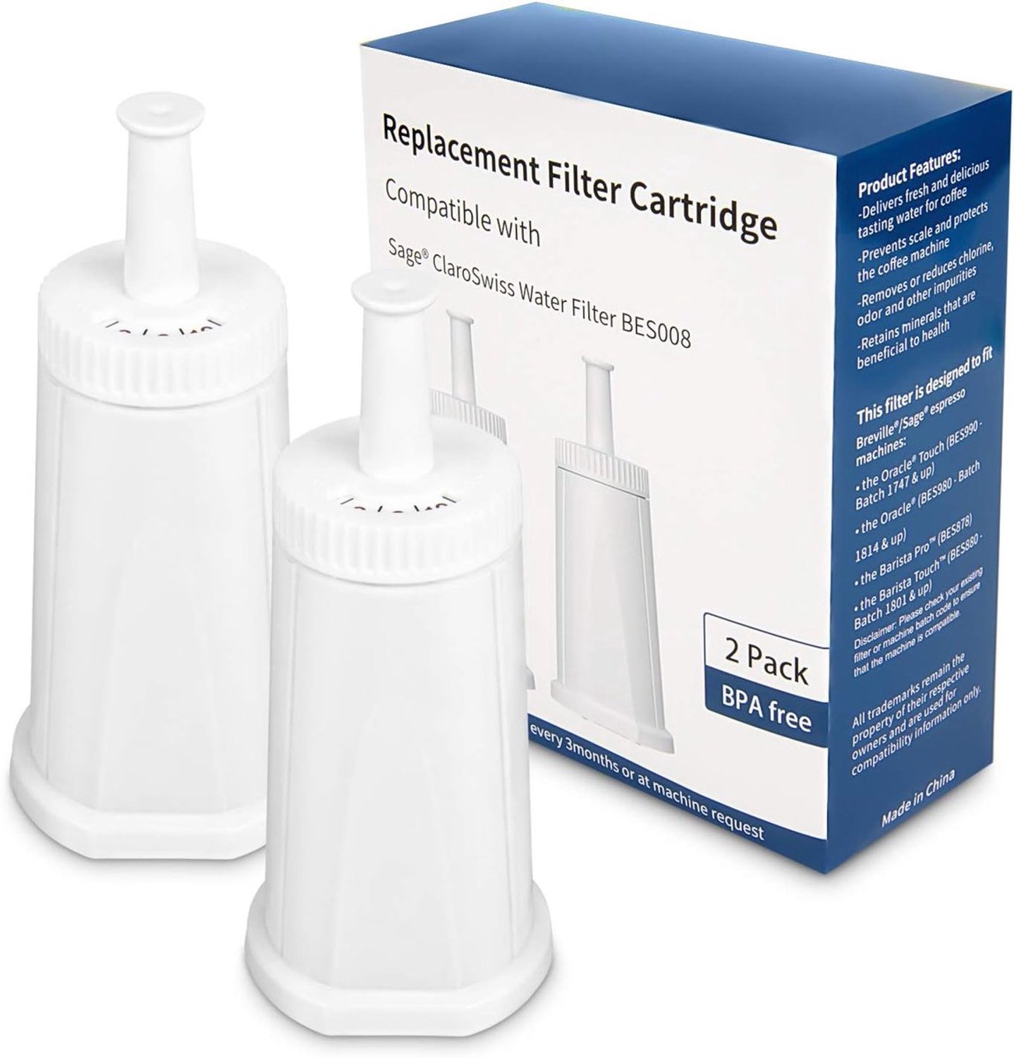 Waterfilter geschikt voor Sage & Breville - Set van 2 Stuks - Vervangt SES008WHT0NEU1 - Voor Barista Express, Touch, Pro & Oracle - Antikalk Filter - Koffiemachine Onderhoud