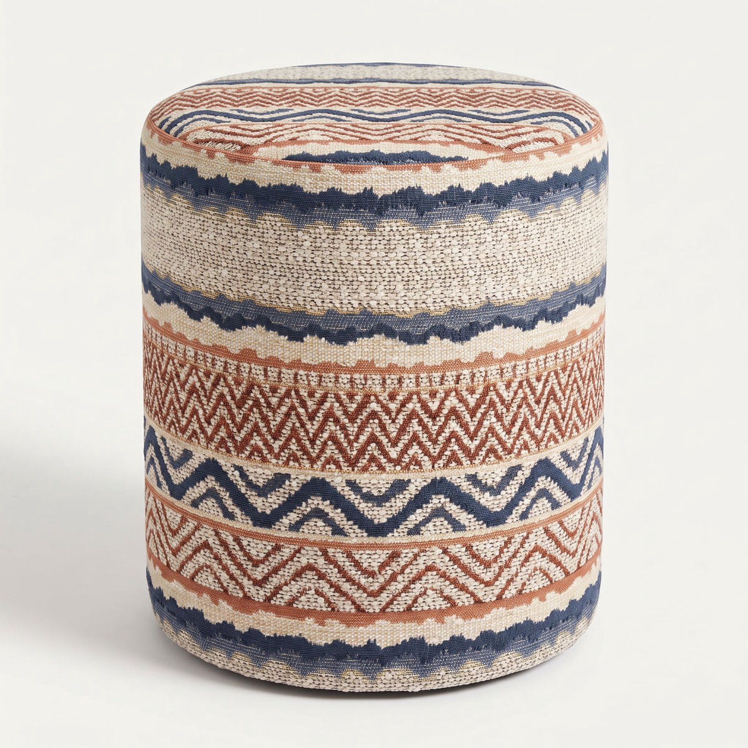 Mörgenn Poef Stripe Terra Blue - Ronde Poef en Voetenbank - Jacquard Streep - 80x80x30 cm