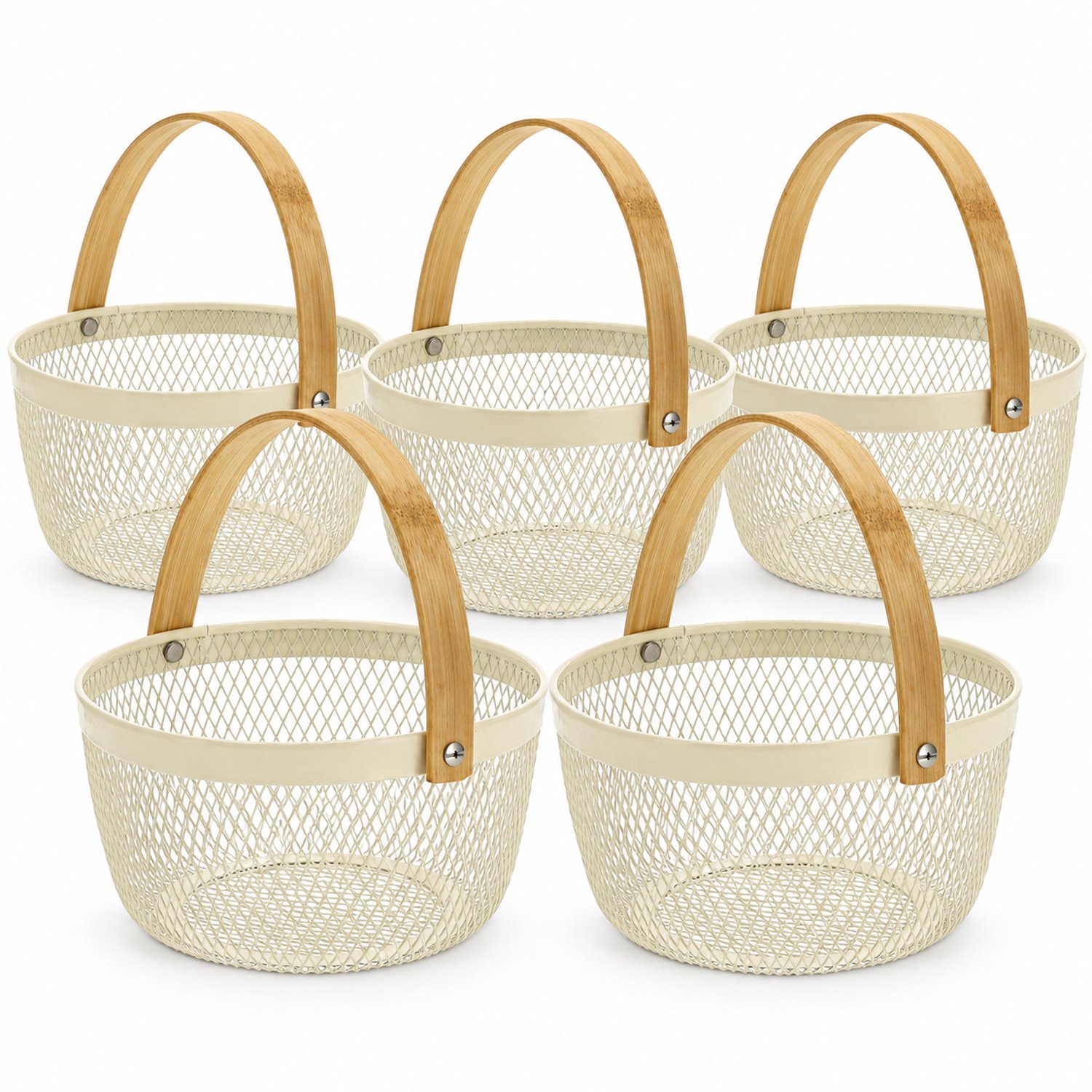 Opbergmand Set van 5 – Ca. 3 Liter per Mand – Ronde Fruitmand en Organizer – Metaal Cadeaumand met Bamboe Handvat – Draadmanden voor Keuken, Badkamer, Woonkamer en Kantoor – Crème