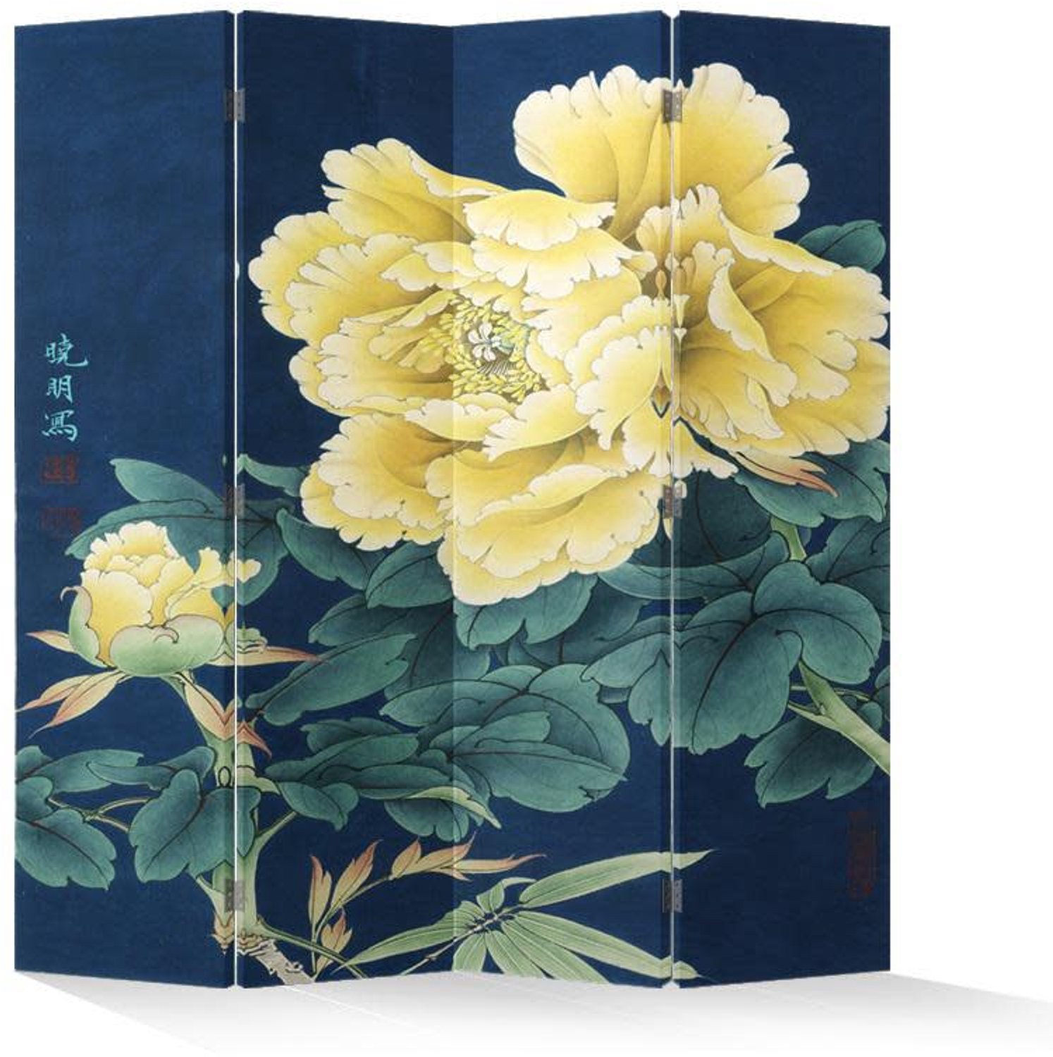 Fine Asianliving Chinees Kamerscherm Oosters Scheidingswand B160xH180cm 4 Panelen Gele Pioenen Blauw, Multicolour