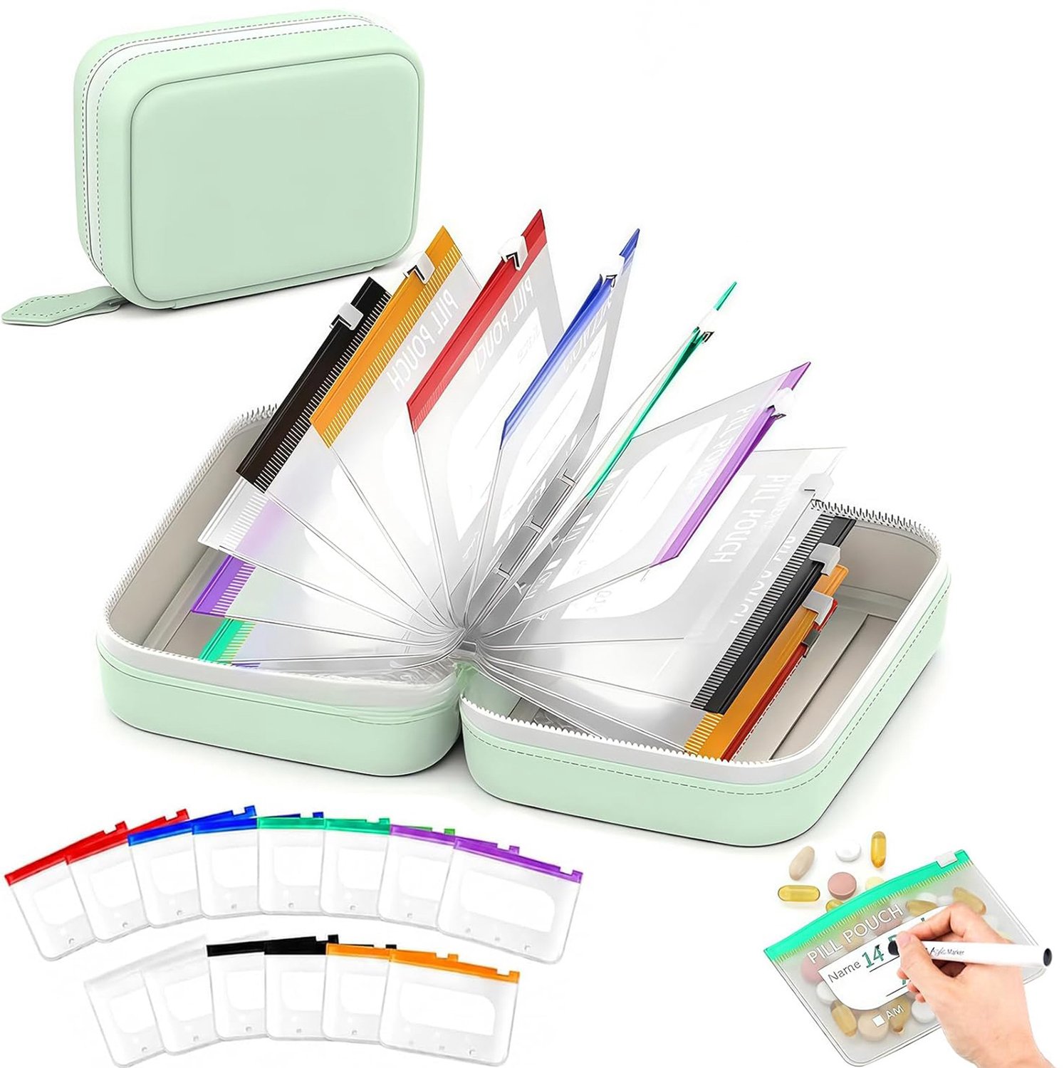 Lifhelpe Pillendoos organizer - 14 gelabelde medicijnbuidels - Pillenplanner voor 7 tot 14 dagen - Waterbestendige - Draagbaar - Groen