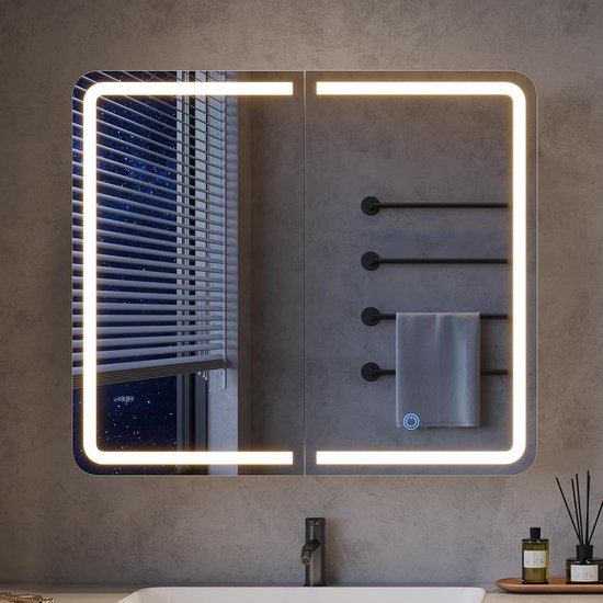 Badkamer Spiegelkast 70 cm met LED-Verlichting – 2-Deurs Wandkast met Spiegel – Dimbaar met 3 Lichtkleuren, Touchbediening, 2 USB-Poorten en 2 Stopcontacten – Wit