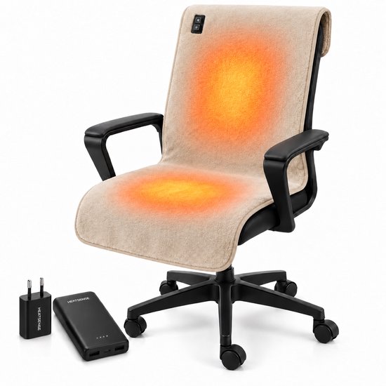 Beige HeatSense stoelverwarmer met gloeiende oranje zones op zitting en rugleuning, inclusief powerbank en snellader.