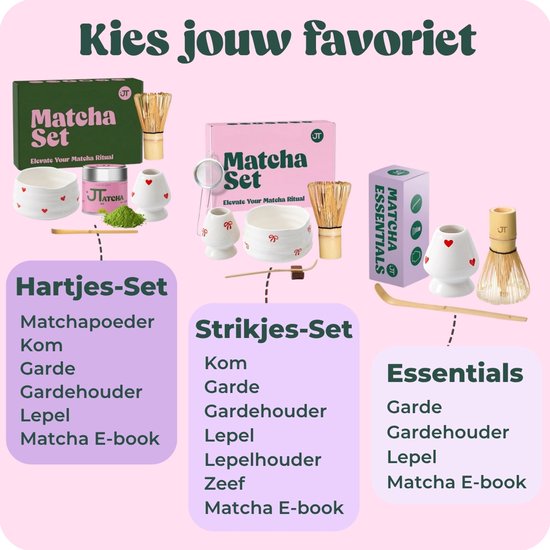 Drie Matcha-sets: Hartjes-set, Strikjes-set en Essentials met kommen, gardes, lepels en verpakkingen op een roze achtergrond.