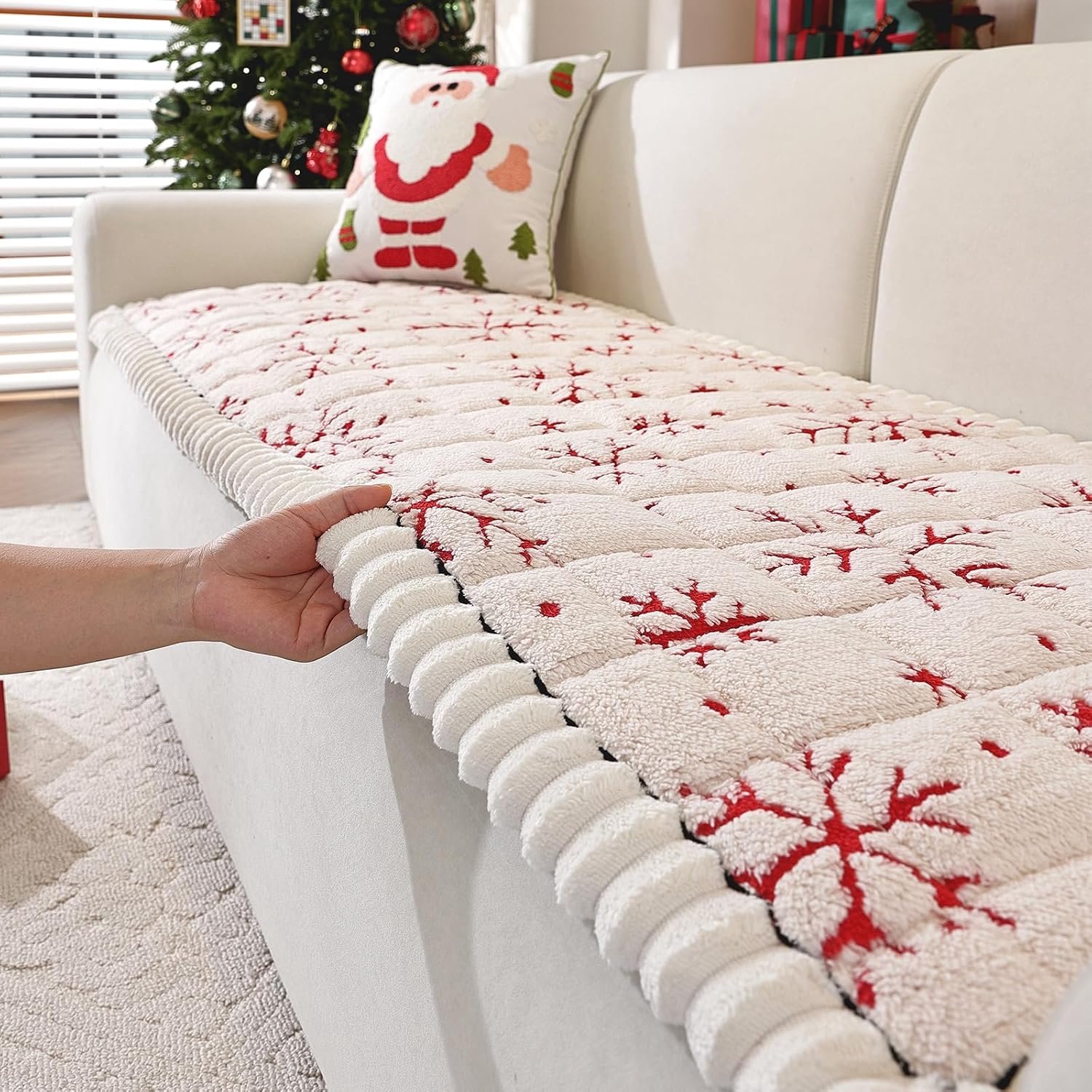 Kerst bankhoes voor hond en kat | Pluizig antislip meubelbeschermer 27.6 × 70.9 inch - sneeuwvlokmotief