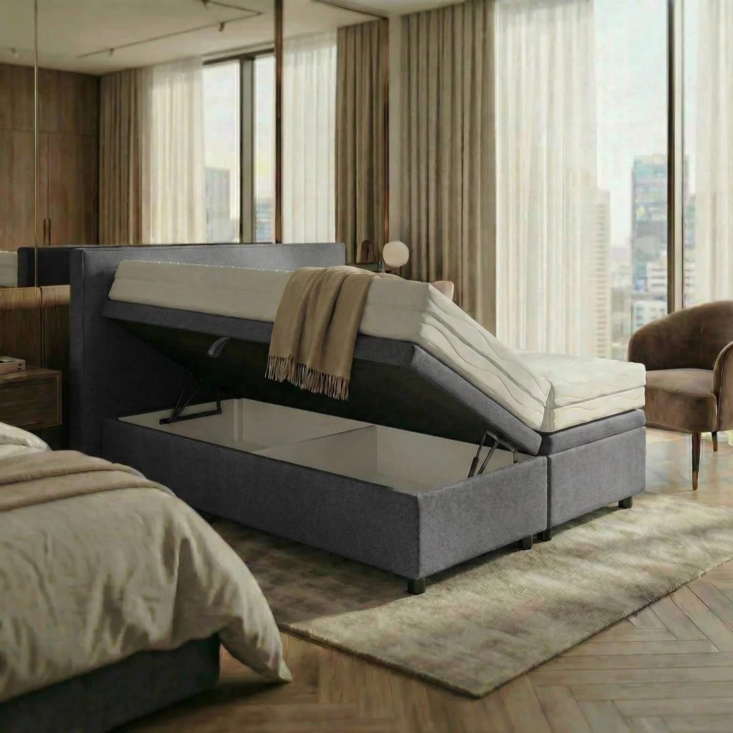 Mörgenn Opbergboxspring Havn - 900 Liter Opbergruimte - Goudgeel - 180x210 cm - Zonder Matras - Inclusief Dekbed en Kussens