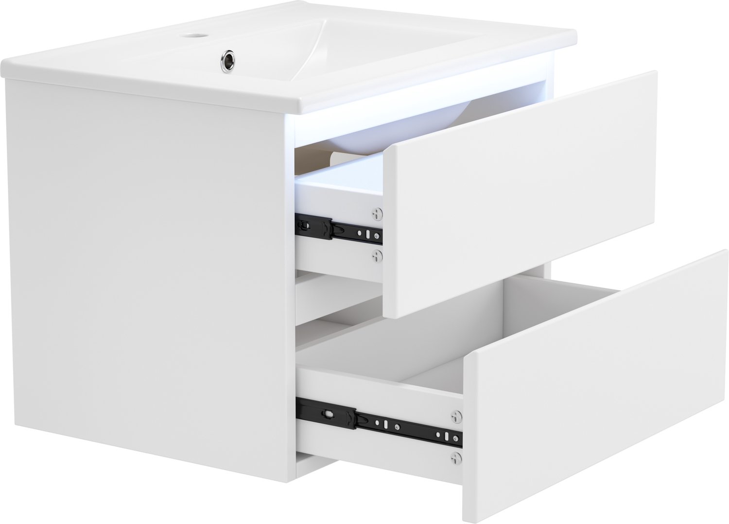 Wastafelmeubel - 61 × 46 × 45 cm - Wandhangend wit badkamermeubel met geïntegreerde keramische wastafel, 2 lades en LED-radarsensorverlichting