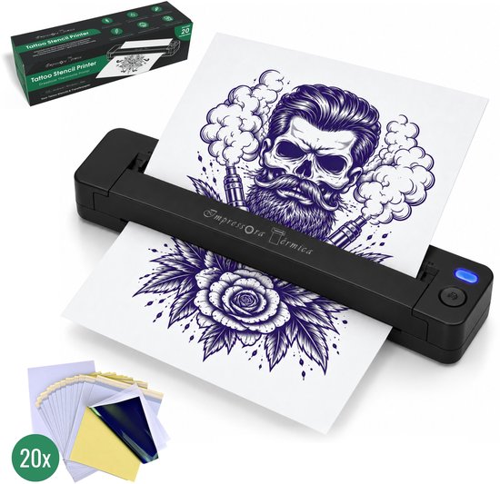 Zwarte draadloze thermische tattoo-printer met een afgedrukte schedel met baard en roos, inclusief 20 vel transferpapier.