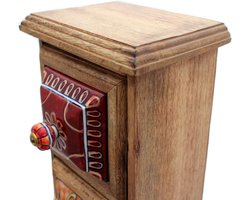 Smalle Vintage Ladekast met 5 Lades en Kleurrijke Keramische Details – Houten Opbergkast voor Hal en Woonkamer 89 x 20 x 16 cm – Bruin