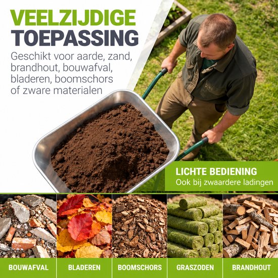 Persoon duwt een kruiwagen vol aarde; geschikt voor zand, hout, puin, bladeren en graszoden.