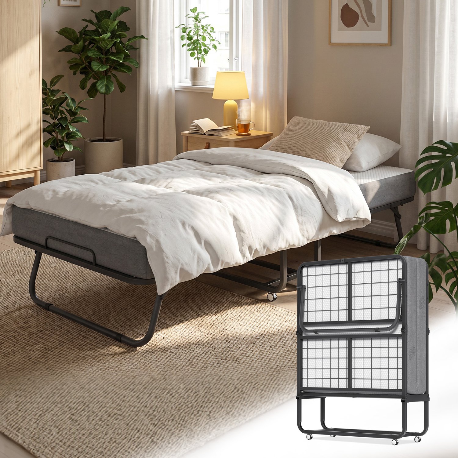 Aufun Opvouwbaar bed Logeerbed bedframe met 13 cm dikke matras Opvouwbaar bedframe, bed tot 200 kg, 90 x 200 cm Wit en grijs