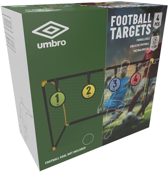 Doos met Umbro voetbaldoelen, 4 stuks. Zwarte netten met doelen 1, 2, 3, 4 in geel, blauw, rood.