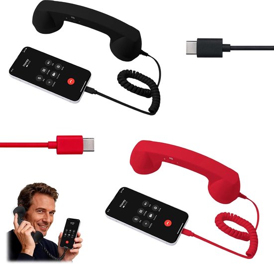 Retro telefoonhoorn in zwart en rood met spiraalsnoer en Type-C aansluiting, verbonden met een smartphone.
