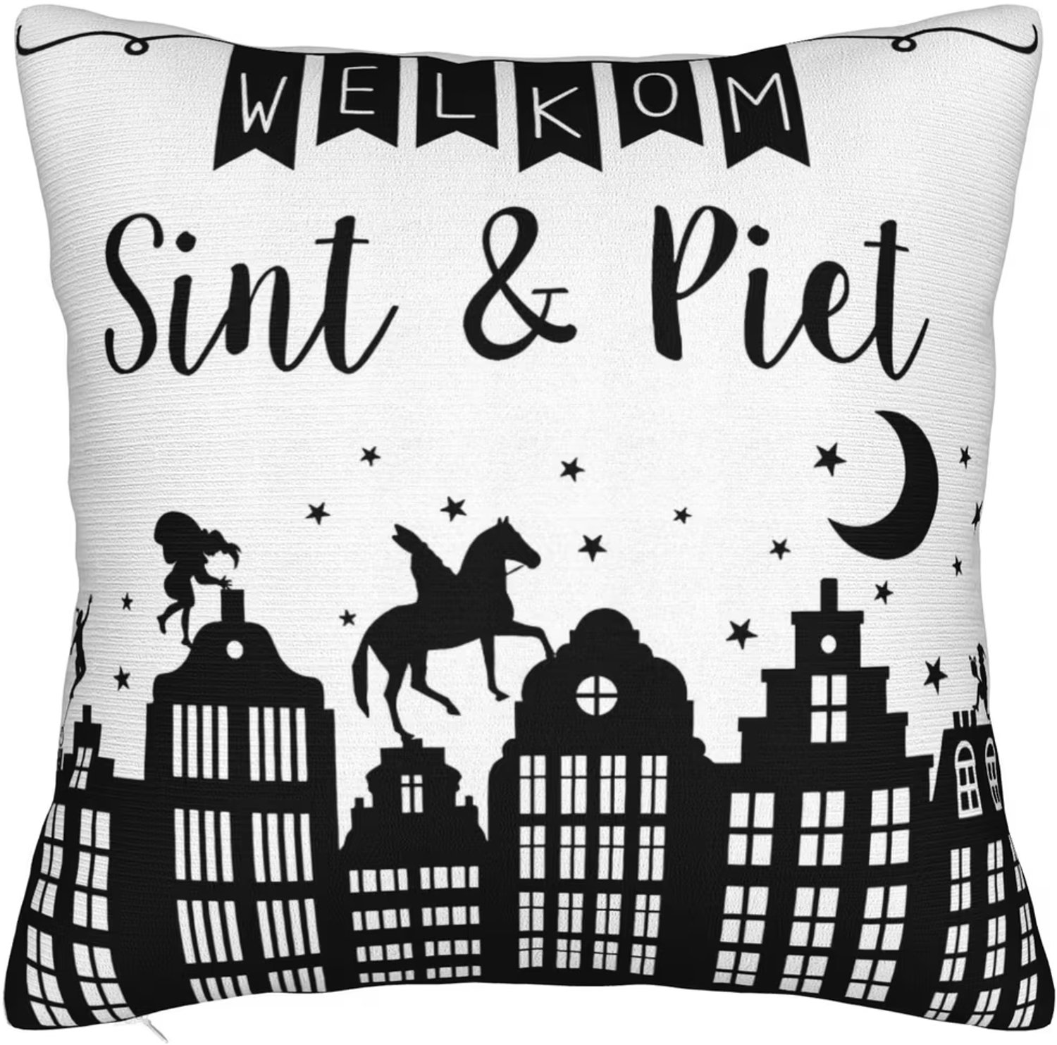 FraaiGaaf Sinterklaas en Piet kussenhoes | Sinterklaas decoratie - Sint & Piet versiering - Kussensloop met Welkom Sint en Piet - maat 40x40 cm Zwart