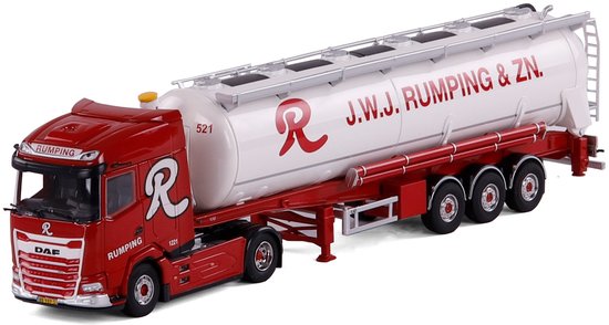 Rode DAF XG vrachtwagen met witte bulkoplegger, branding J.W.J. RUMPING & ZN. in rode letters, schaal 1:50.