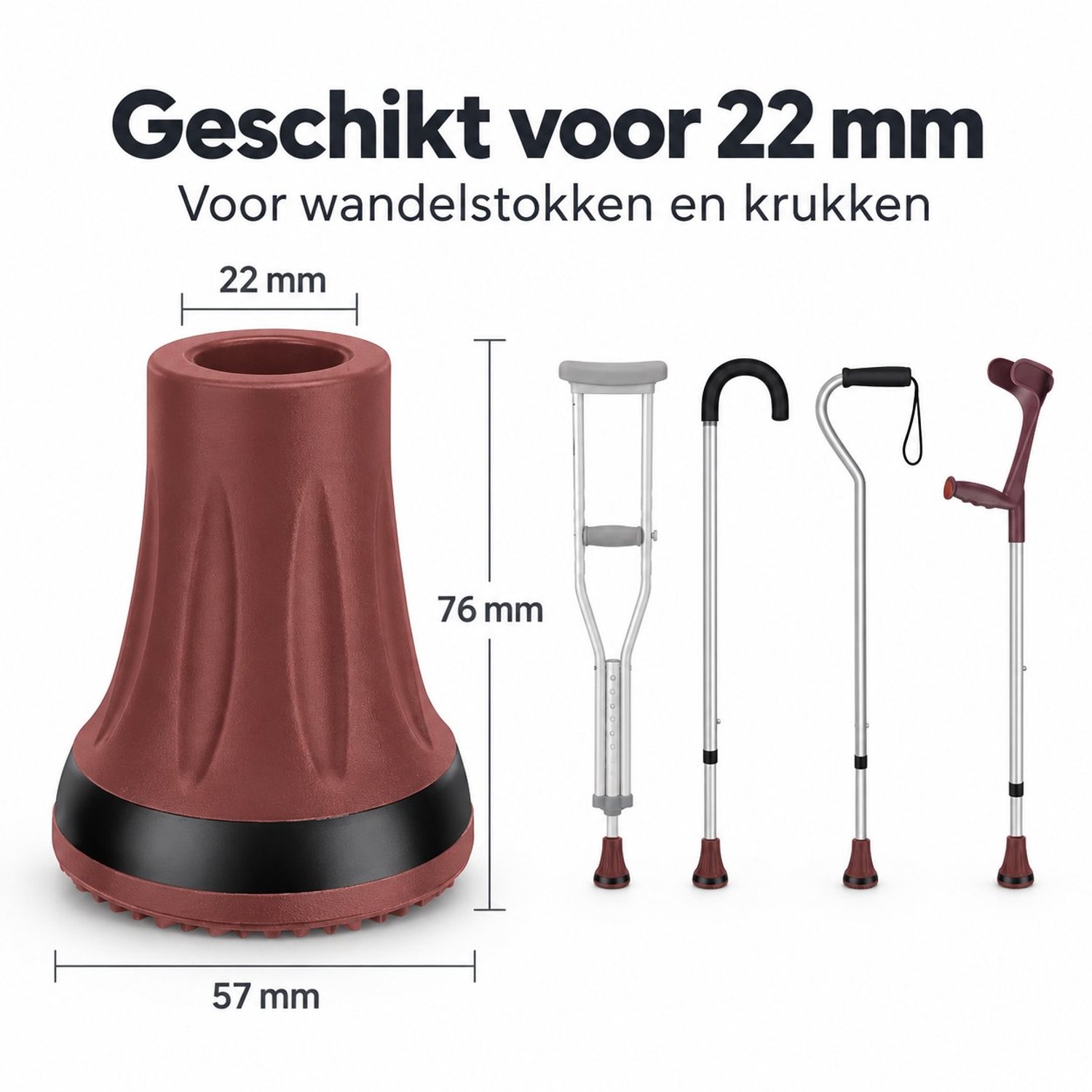 Arvion Rubberen Doppen voor Krukken en Wandelstokken, 22mm, Antislip Vervangdoppen met Metalen Basis, Set van 2, Bruin