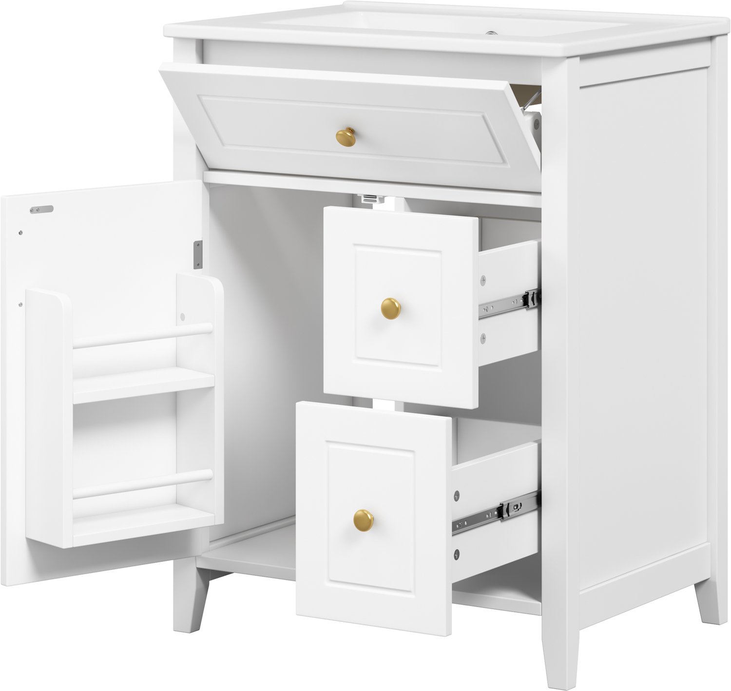 Wastafelonderkast 61 cm - Badkamermeubel Met Keramische Wastafel, Kleplade En 2 Lades - Witte MDF Kast Met Deurvak En Opbergruimte