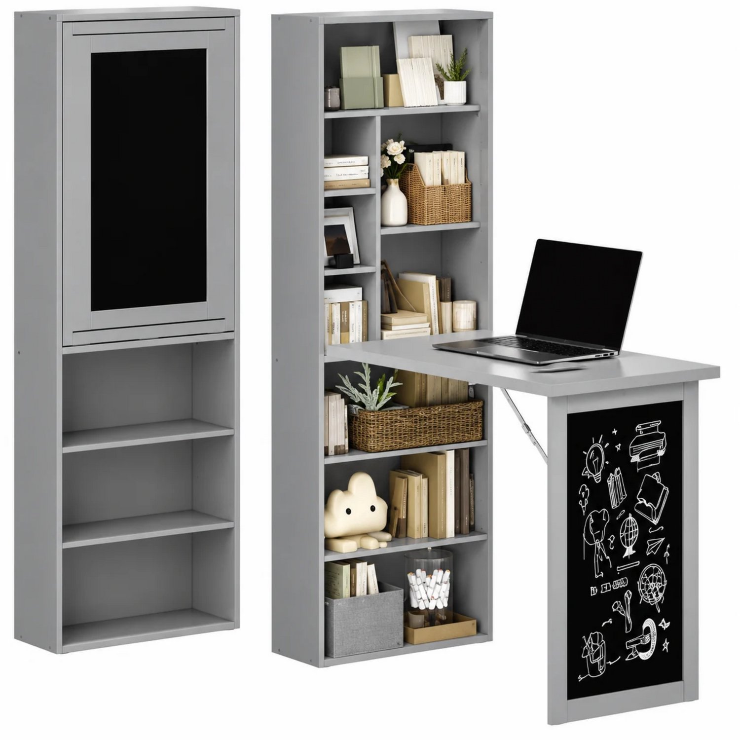 Noventra - Bureau - Opklapbaar Bureau - Bureau met Opbergruimte - Bureau met Boekenkast - Computerbureau - Bureau met Krijtbord - Grijs - 98 x 51 x 153 cm