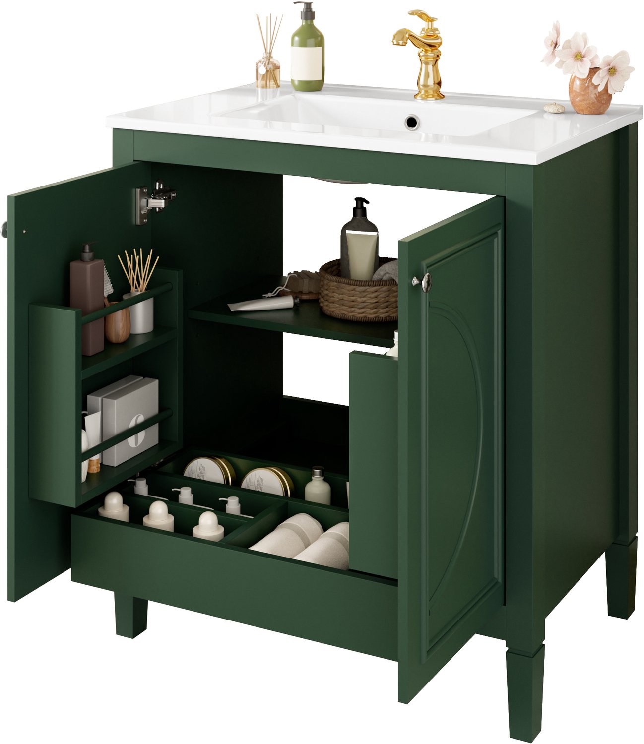 Wastafelmeubel Met Geïntegreerde Wastafel - 76 × 46,5 × 88,5 cm - Vrijstaand MDF-meubel Met 2 Deuren, Lade En Verstelbare Planken - Groen