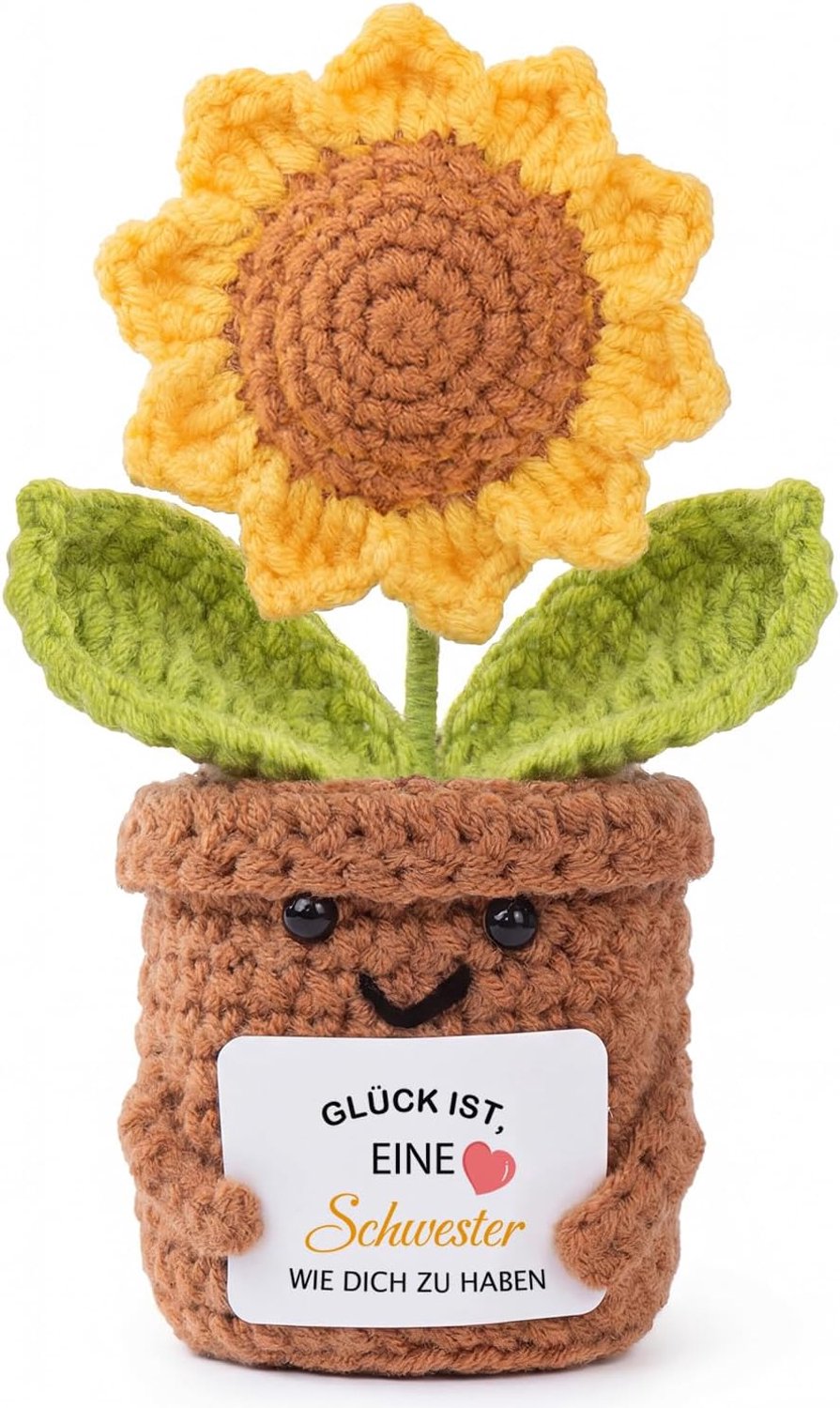 Geschenk voor zus met gehaakte zonnebloem en kaart
